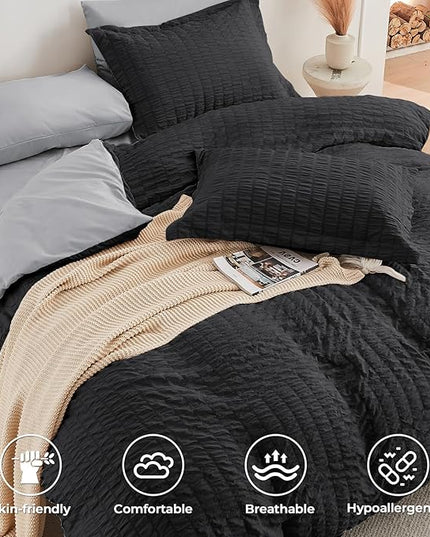 HYMOKEGE Black/Light Grey Full Size Comforter Sets Seersucker 7 Pieces, All Season Luxury Bed in a Bag for Bedroom, Bedding Set with Comforter, Sheets, Pillowcases & Shams