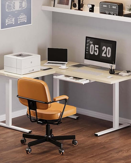 FLEXISPOT L Shaped Standing Desk, 63 x 47 Inch Electric Height Adjustable Corner Desk, Sit Stand Computer Workstation, Preset Controller, Home Office, White Frame with Maple Top, White Drawer
