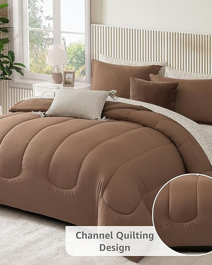 Monbix Full Comforter Set - 7 Pieces Brown Bed in a Bag Full Size Track Stitching Bedding Sets, All Seasons Comforter with Sheets, Pillowcases & Shams