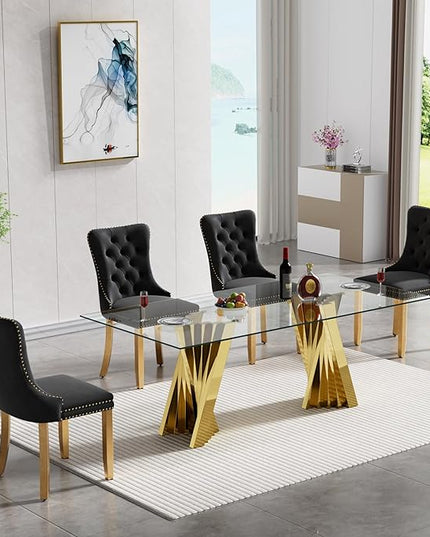 5 Piece Glass Dining Table Set,70" Dinner Room Glass Table Set for 4,Modern Kitchen Dinner Table Set with Stainless Steel Base and 4 Upholstered Velvet Dining Chairs for Living Dining Room