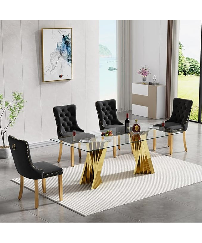 5 Piece Glass Dining Table Set,70" Dinner Room Glass Table Set for 4,Modern Kitchen Dinner Table Set with Stainless Steel Base and 4 Upholstered Velvet Dining Chairs for Living Dining Room
