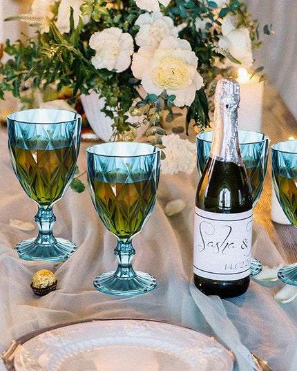 Vintage Wine Glasses Set of 4, Plastic Reusable 12 Ounce Colored Water Goblets, Unique Embossed Pattern Unbreakable Stemmed Wine Glasses, High Clear Wedding Party Bar Drinking Cups Blue Color