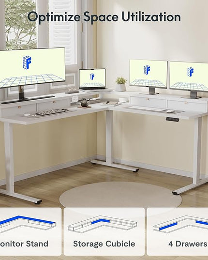 FLEXISPOT 71" Large L Shaped Standing Desk Electric Corner Table with Shelf, 4 Storage Drawers, Adjustable Computer Workstation for Home, Office, Game, Studio, White Top + White Frame