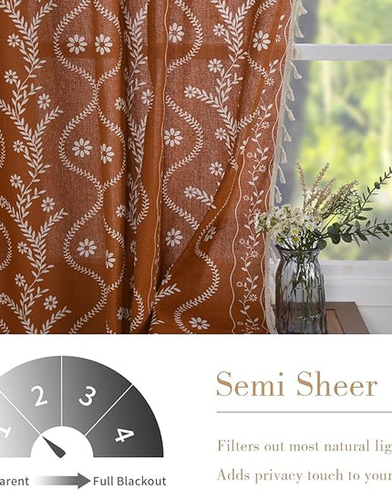 Boho Terracotta Curtains for Living Room 63 Inches Semi Sheer Linen Floral Curtains Vintage Farmhouse Window Drapes 1 Panel Sets for Dining Room Kitchen Rust Colored