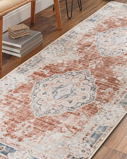 MUJOO Hallway Runner Rug Machine Washable 2'x6 ' Non Slip Boho Runner Rugs for Hallways Entryway Kitchen Bathroom Bedside Retro Soft Low-Pile Orange Navy Blue Flowers