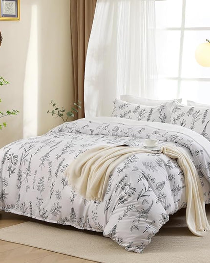 MUXHOMO White King Comforter Set, Elegant Floral Print Bed in a Bag 7 Pieces, Ultra Soft & Breathable Reversible Botanical Pattern Bedding Set with Comforter, Sheets, Pillowcases, and Shams
