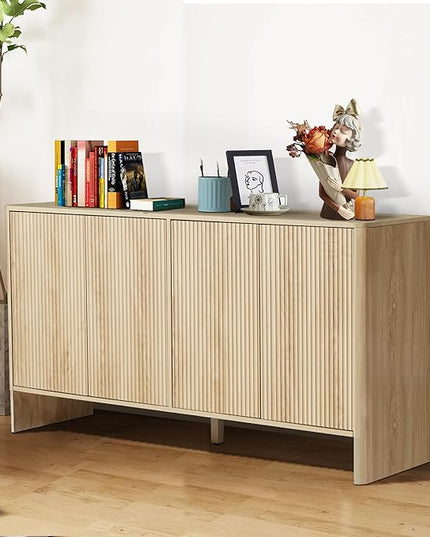 Sideboard Buffets Cabinet, Modern Accent Storage Cabinet with 4 Fluted Doors and Adjustable Shelves, Wood Credenza Buffet Sideboards, Console Table for Kitchen Dining Living Room Entryway (Natural)