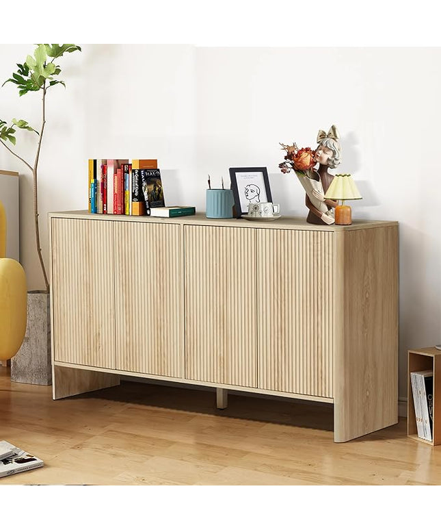 Sideboard Buffets Cabinet, Modern Accent Storage Cabinet with 4 Fluted Doors and Adjustable Shelves, Wood Credenza Buffet Sideboards, Console Table for Kitchen Dining Living Room Entryway (Natural)