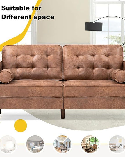 67" Suede Leather 2-seat Sofa with Two Bolster Pillows, Tufted Loveseat with Wooden Legs, Morden Sofa Suitable for Living Room, Office, Brown