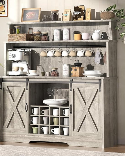 55'' Farmhouse Coffee Bar Cabinet with 3 Tier Storage Hutch, Coffee Bar Station with Sliding Barn Door, Hutch Storage Cabinet with 12 Wine Racks & 9 Hooks for Kitchen Dining Living Room
