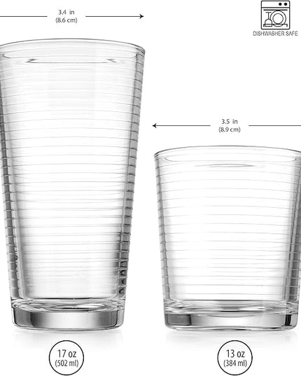 Drinking Glasses - Set of 8 Glass Cups, 4 Highball Glasses (17oz) 4 Rocks Glasses (13oz) Ribbed Glasses for Mixed Drinks, Water, Juice, beer, Wine, Excellent Gift!