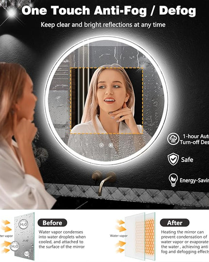 24 Inch Round LED Bathroom Mirror with Lights, Anti-Fog, Dimmable, Front & Backlit, Memory Function, 3 Color Temperatures