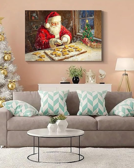 YONICA Christmas Wall Decor Santa Canvas Wall Art Home Decorations 36x24 Inches - Santa Pictures Santa Bakes Gingerbread Cookies Christmas Pine Tree Prints Winter Painting Xmas Artworks for Bedroom