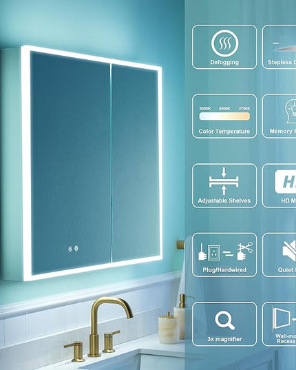 WELLFOR 30" X 30" Medicine Cabinet with Lights, 3X Magnification, Anti-Fog Mirrored Cabinet, Bathroom Vanity Medicine Cabinet with Outlets & USB Ports, Double Doors