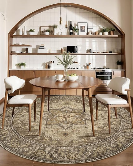 Ciicool Boho 5x5ft Round Area Rug Washable Bedroom Rug Non-Slip Oriental Entryway Throw Rug Low-Pile Indoor Circle Carpet for Dining Room