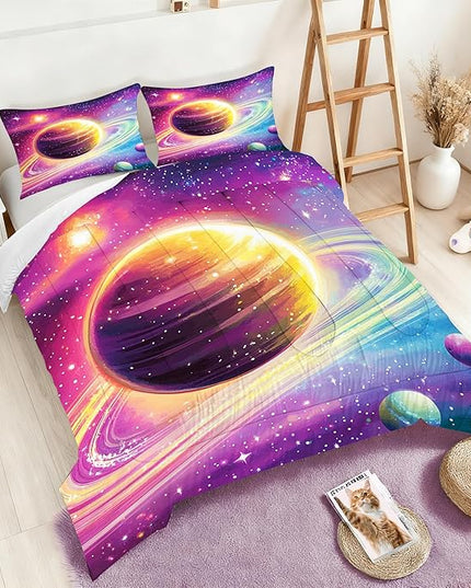 Space Planet Comforter Set Saturn's Rings Printed Bedding Set Queen Size Outer Space Bed Set Galaxy Comforter Set for Kids Teens Adults Colorful Quilt Set with 1 Comforter + 2 Pillowcases
