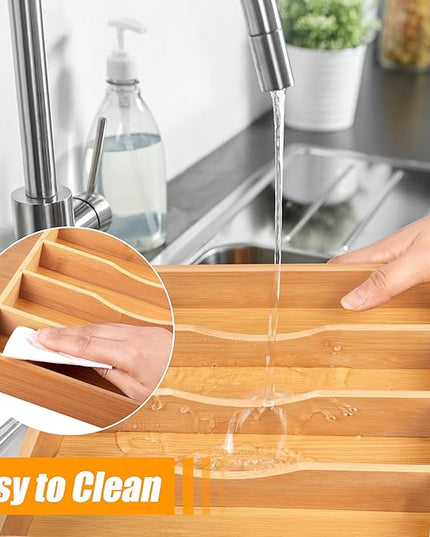 Bellsal Bamboo Silverware Drawer Organizer, Kitchen Utensil Drawer Organizers, 12"x15.7" Utensils Holder Cutlery Tray with Grooved Drawer Dividers for Kitchen Flatware Bedroom Office(7 Slot, Natural)