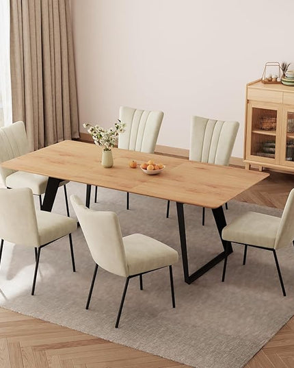 7-Piece Dining Table Set, 51"-67" Extendable Mid-Century Modern Oak Table with 6 Upholstered Chairs, White Fabric Seats, Leather Backrest, Metal Frame, Space-Saving Design for Kitchen & Dining Room