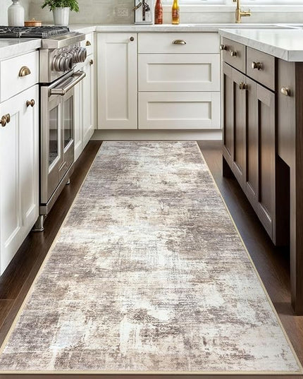 IOHOUZE Abstract Runner Rug 3x8 Ft Washable Runners for Hallways, Non Slip Kitchen Runner Printed Faux Wool Entryway Runner Indoor, Modern Abstract Floor Carpet for Hall Kitchen Bedroom, Beige Brown
