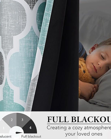 Beauoop 100% Blackout Curtains 84 Inches Long 2 Panels for Bedroom Living Room Aqua Grey Moroccan Geo Room Darkening Thermal Insulated Soundproof Grommet Top Window Treatments Drapes, 50x84 Set of 2