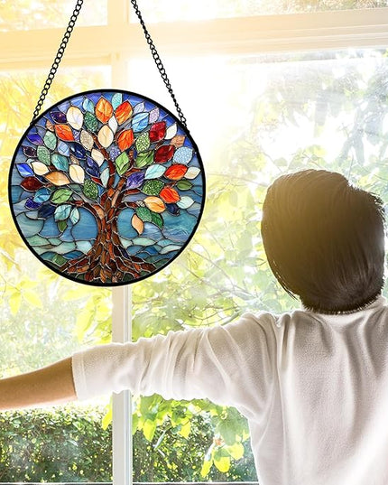 Stained Glass Window Hanging, Colorful Tree of Life Sun Catchers Glass Panel Blue Suncatcher Decor for Birthday for Women, Men, Wife, Aunt, and Mom 6.3 in
