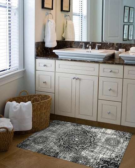 Lahome Vintage Medallion Washable Area Rug - 2'x3' Black Small Entry Rug Accent Distressed Non-Slip Throw Floor Carpet for Door Mat Entryway Bedroom Living Laundry Room Kitchen