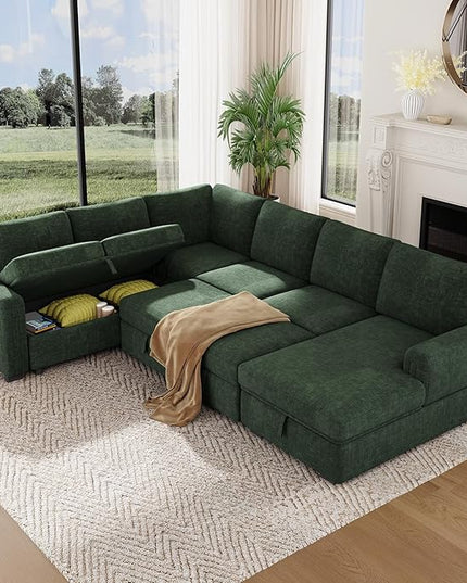 Vesgantti 113.6" Modular Sectional Sofa with Pull Out Couch Bed, 7 Seater U Shaped Sleeper Sofa with Storage Chaise, Chenille Sectional Couch for Living Room, Bedroom, Apartment, Green