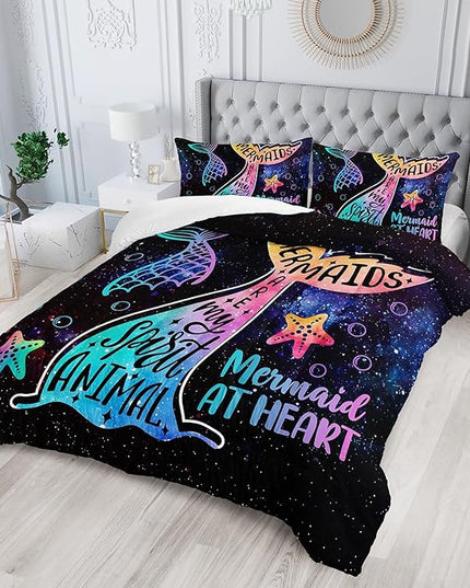 Galaxy Mermaid Comforter Set Queen Size,3 Piece Mermaid Tail Bedding Set for Girls Kids Pink Orange Violet Mermaid Fish Space Bedding Quilt Set for Girls Kids Bedroom