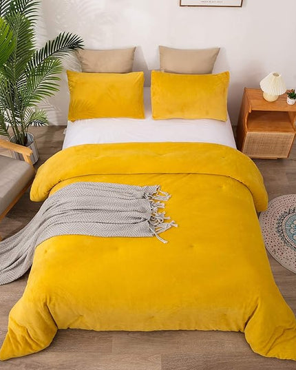 Luxlovery Mustard Velvet Comforter Set King Dark Yellow Fluffy Bedding Comforter Set Women Men Solid Heavyweight Winter Thick Warm Plush Flannel Comforter Set for Adults Teens…