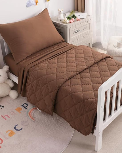 NTBAY Toddler Bedding Set - 4 Piece Soft and Breathable Crib Bedding Set for Boys and Girls, Includes Quilted Comforter, Fitted Sheet, Flat Top Sheet and Envelope Pillowcase, Brown