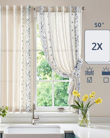 jinchan Winslow Linen Curtains 54 Inch Length Small Window Curtains Embroidered Bordered Floral Drapes Light Filtering for Bathroom Laundry Room Kitchen Farmhouse Decor Blue on Beige 2 Panels