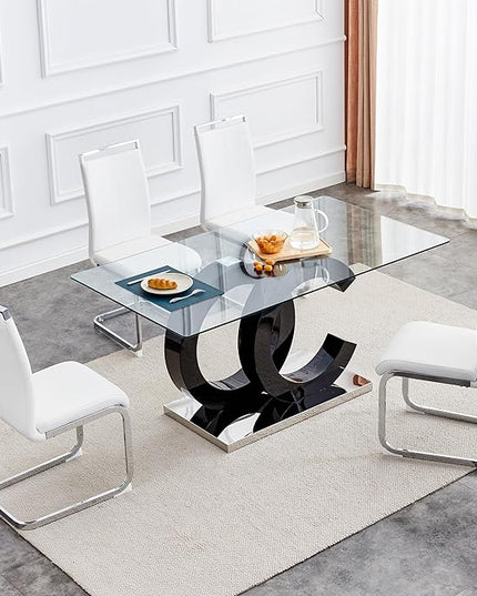 Ebullient Glass Dining Table Set for 4 ，5 Piece Dining Table Set,Tempered Glass Table Top，Modern Dining Room Table with 4 PU Leather Ergonomic Dining Chairs