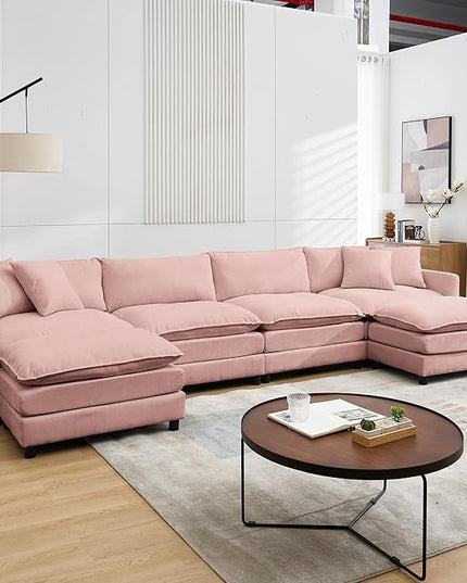 Modular Sectional Sofa,143.31'' Modern Sofa Sleeper Couch,Comfy Cloud Couches with 4 Seat & 2 Ottoman & 4 Pillows Sofa Set,Deep Seat Sofa with Movable Ottoman for Living Room,Chenille (Pink, U shaped)