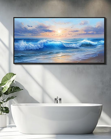 XIGUANGART Ocean Canvas Wall Art, Blue Sea Wave and Large Coastal Beach Paintings Sunset Seascape Pictures Framed Artwork Wall Decor for Living Room Bedroom Bathroom Kitchen Hallway Home Office