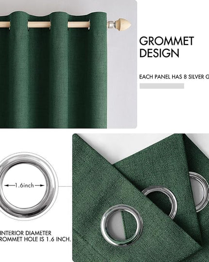 MIULEE Linen Curtains for Bedroom 100% Blackout Thermal Insulated Emerald Green Grommet Room Darkening Curtains & Drapes Christmas Decor for Living Room Nursery 52 x 90 Inch (2 Panels)