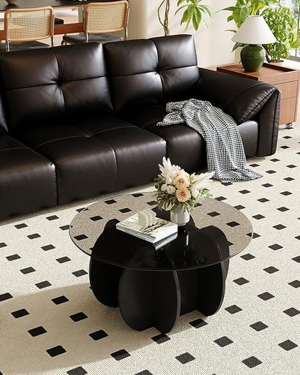 Coffee Table for Living Room Mid Century Modern Round Center Table with Glass Top, Black