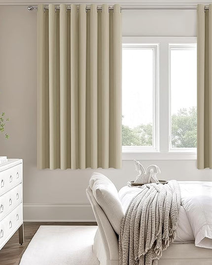 ChrisDowa 100% Blackout Tan Solid Curtains 63 Inches Long 2 Panels for Bedroom Living Room,Farmhouse Room Darkening Thermal Insulated Soundproof Grommet Top Window Treatment Drapes,52x63