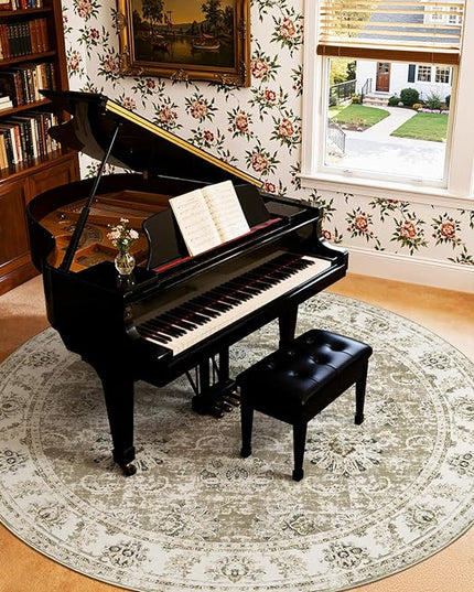 jinchan Fiora Round Rug 8ft Area Rugs - Vintage Floral Distressed Design Machine Washable Non-Slip Low-Pile Ultra-Thin Circle Rug for Living Room Dining Room Bedroom Farmhouse (8' Round, Taupe)
