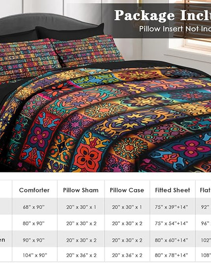 5 Pcs Comforter Set Twin Size, Colorful Mandala Floral Vintage Bedding for Kids and Adults, Bohemian Flower Bed Sheet Sets with Fitted Sheet Pillowcase & Sham for Bedroom Bed Decor