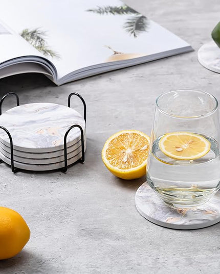 Hoewina 6Pcs Drink Coasters with Holder, Marble Style Ceramic Drink Coaster, Absorbent Coasters Set Suitable for Kinds of Cups, Modern Style Coasters for Coffee Table, 4 Inches（Style 8）