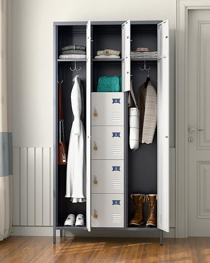 Aobabo Metal Lockable Storage Locker 8 Small Doors and 2 Big Doors, Metal Lockers for empolyees with Hooks, for School Home Office, Assembly Required, 10Doors, Grey White
