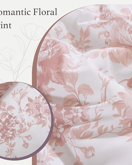 Queen Comforter Set -7 Pieces Pink Floral Comforter Set for All Seasons, Bed in a Bag Queen with Botanical Flowers Comforter, Sheets, Pillowcases & Shams