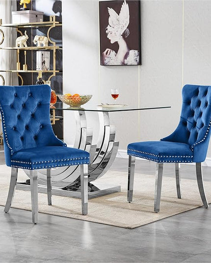 7 Piece Dining Table Set with 6 Blue Dining Chairs, Modern Glass Kitchen Table and Chairs Set for 6, 70" Rectangle Silver Glass Pedestal Dining Room Tables with Ring-Shape Stainless Steel Base