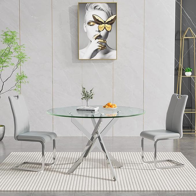 HomVent 3 Piece Round Glass Dining Table Set, Round Glass Kitchen Table Set for 2 with 2 PU Upholstered Dining Chairs for Kitchen Dining Room