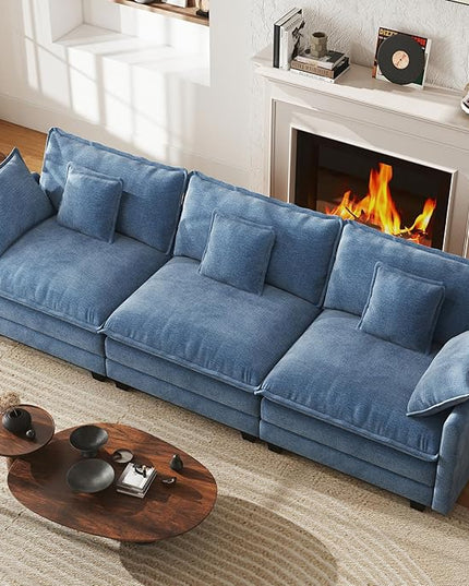 WorthFurni 111.4” Cloud Couch, Modular Sectional Sofa, Comfy Modern 3-Seater Couches with Pillows & Upholstered Deep Seat Cushion for Living Room Apartment Bedroom (Blue)