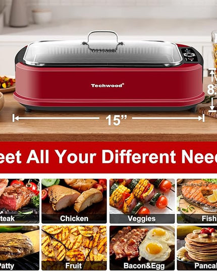 Indoor Smokeless Grill, Techwood 1500W Electric Indoor Grill with Tempered Glass Lid, Portable Non-stick Korean BBQ, Turbo Smoke Extractor Technology, Drip Tray& Double Removable Plate, Red