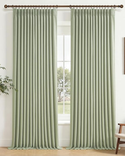Memory Shape Pinch Pleated Curtains 102 Inches Long for Dining Room, Light Green Blackout Dual Layer Linen Sound Dampening Windows Drapes with Hooks Rings Insulated Decorative Windows Burg 2 Panel Set