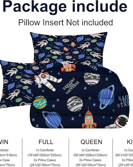 Space Bedding Set Twin Size for Boys Blue Bed Set Soft Kids Cartoon Outer Space Comforter Set for All Seasons Astronaut Rocket Themed Bedding Microfiber Galaxy Room Decor for Boys