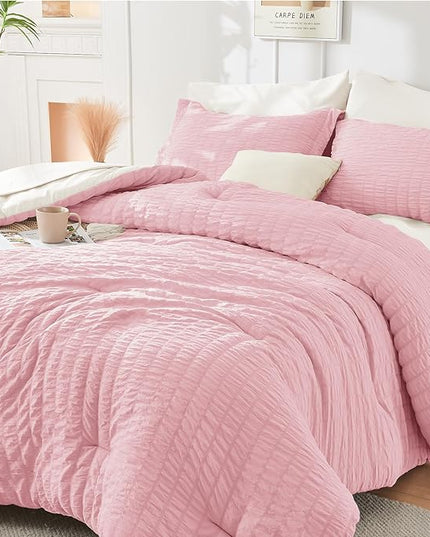 HYMOKEGE Pink/Ivory Twin Comforter Set Seersucker 5 Pieces, All Season Luxury Bed in a Bag for Bedroom, Bedding Set with Comforter, Sheets, Pillowcase & Sham