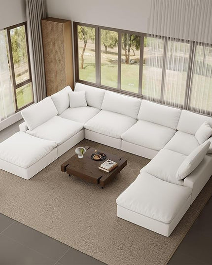 246.7" Oversized Cloud Modular Sectional Sofa,8 Seat Down Filled Sofa,Comfy Deep Seat Couch with Reversible Chaise & Cushions,Couch Cover Washable and Replaceable,White